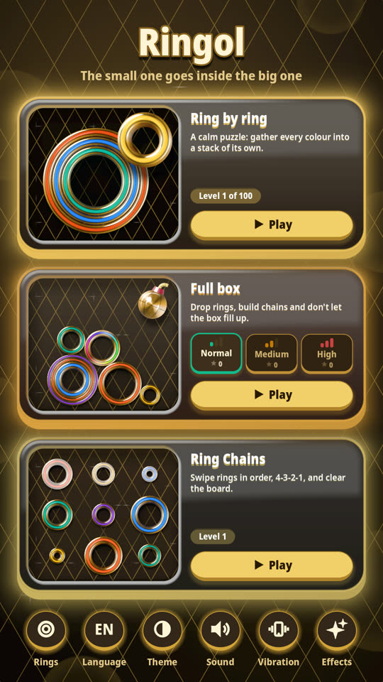 The Ringol home screen with the three modes and the settings row