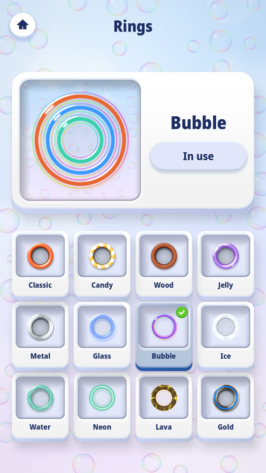 The Rings screen in Ringol: a preview card with three rings at the top and twelve material tiles below